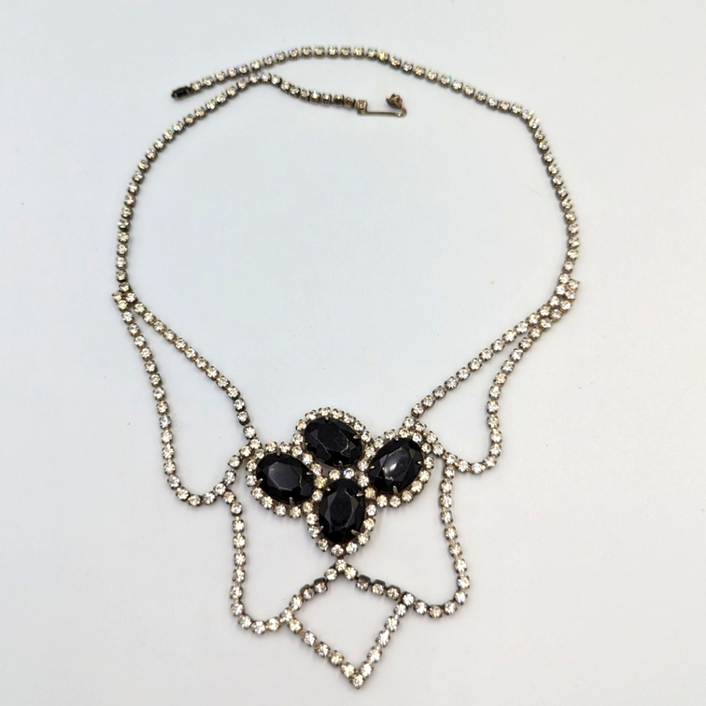Black & Clear Rhinestones Necklace Silver Tone Vintage Statement Hook Clasp 16"